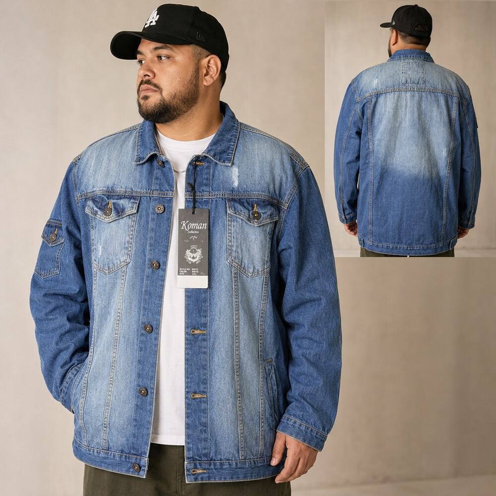 Koman Collection Men’s 2XL Two-Tone Distressed Denim Trucker Jacket NWT